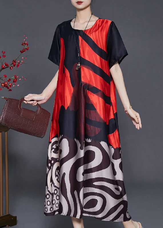 Bargain Prices chic slip dressCasual Red Oversized Print Silk Holiday Dress Summer