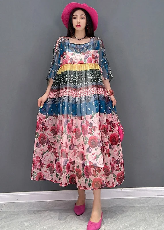 Year-End Clearance boho-chic dressFashion Square Collar Print Chiffon Long Dresses Short Sleeve