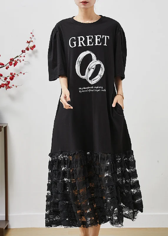 Reduced Prices winter dressBlack Patchwork Cotton Holiday Dress Hollow Out Summer