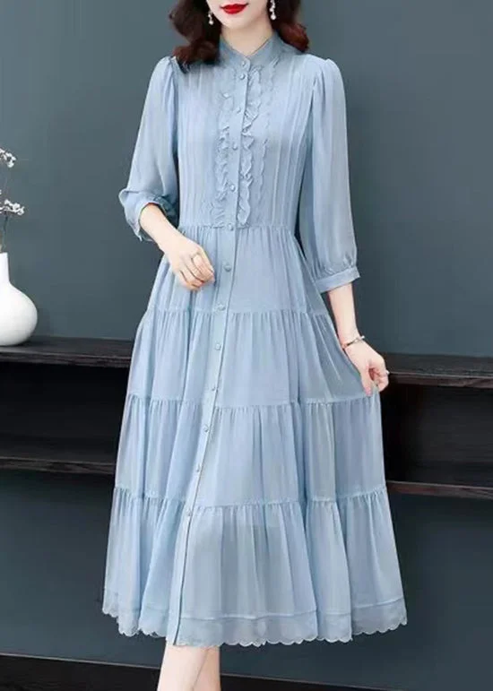 Hurry In ruffle dressClassy Blue Ruffled Button Patchwork Silk Long Dresses Summer