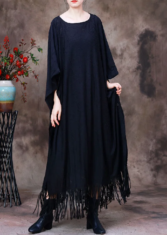 Sneak Peek Sale satin dressStyle Black O-Neck Tassel Maxi Dress Long Sleeve