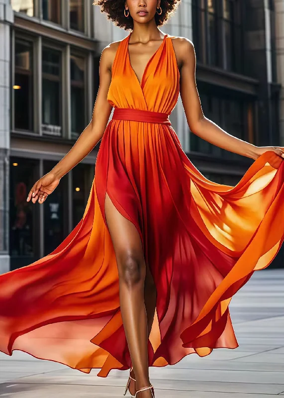 elegant evening dressStylish Orange Cinched Exra Large Hem Chiffon Robe Dresses Summer