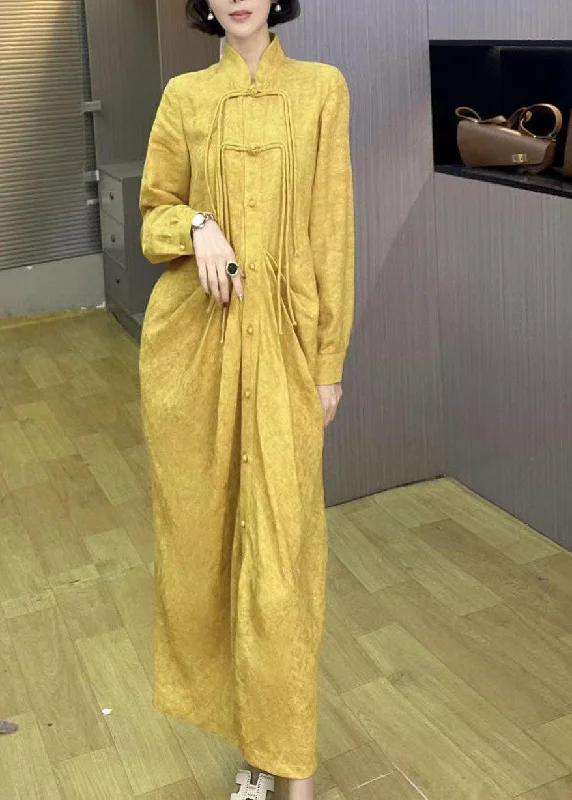 Special Promotion wrap-around dressItalian Yellow Tasseled Button Wrinkled Patchwork Linen Dress Spring