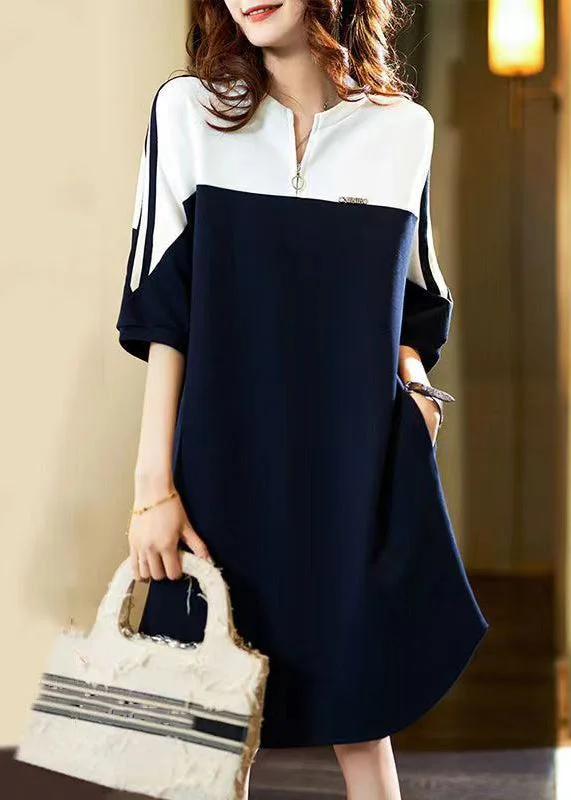 Early Access trendy wrap dressNew Navy O Neck Pockets Patchwork Cotton Dress Fall
