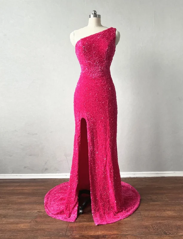 Major Savings evening dressOne  Shoulder Slit Sparkle Dark Pink Prom Dress