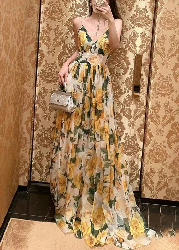 Exclusive Preview casual midi dressBohemian Yellow V Neck Print Chiffon Spaghetti Strap Dress Sleeveless Exclusive Preview casual midi dressBohemian Yellow V Neck Print Chiffon Spaghetti Strap Dress Sleeveless