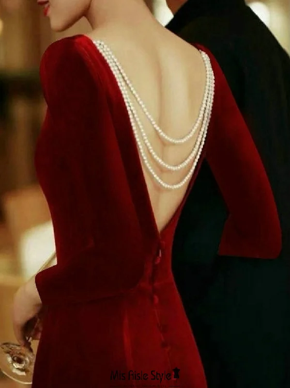 Deal Alert elegant shift dressBelow Knee Length Long Sleeve Velvet Party Dress with Pearl Back Style