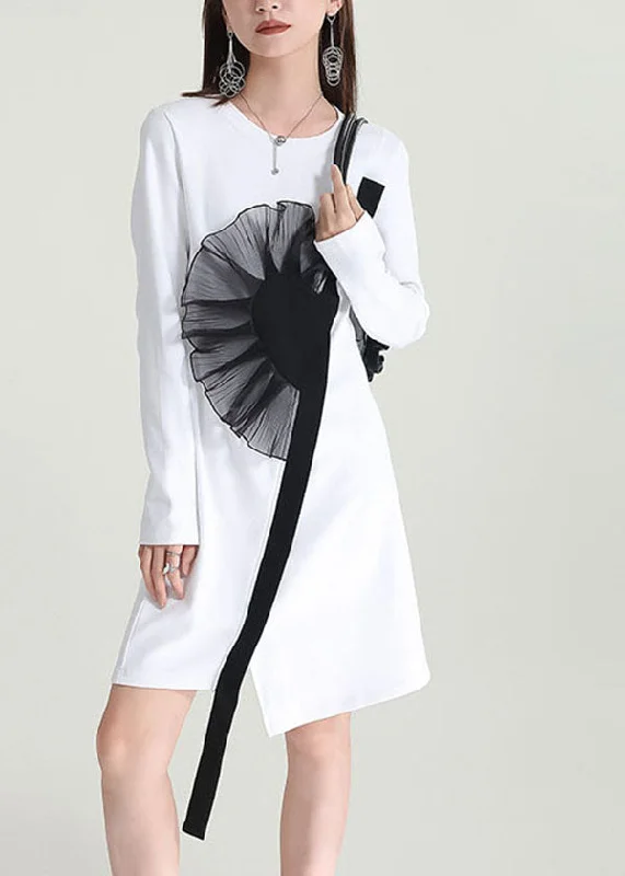 casual evening dressWomen White Asymmetrical Patchwork Applique Cotton Dresses Fall