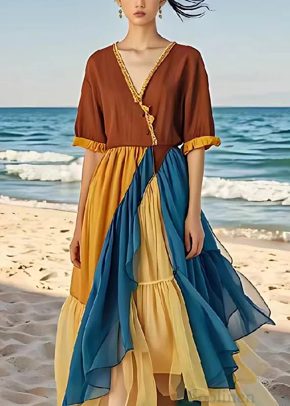 Special Price printed dressFrench Brown V Neck Chiffon Patchwork Long Dress Half Sleeve Special Price printed dressFrench Brown V Neck Chiffon Patchwork Long Dress Half Sleeve
