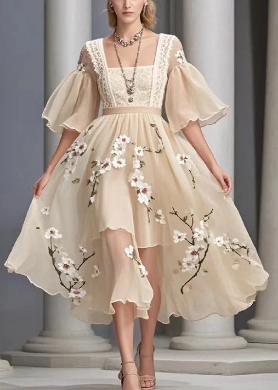 Seasonal Clearance sleek midi dressHandmade Khaki Plum Blossom Chiffon Vacation Dresses Summer