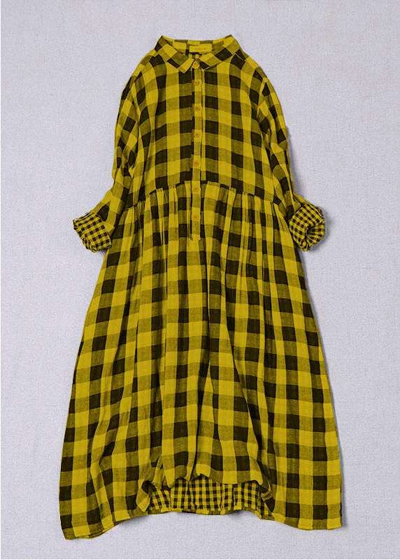 boho-chic dressBohemian Yellow White Plaid PeterPan Collar Pockets Button Fall Patchwork Dresses