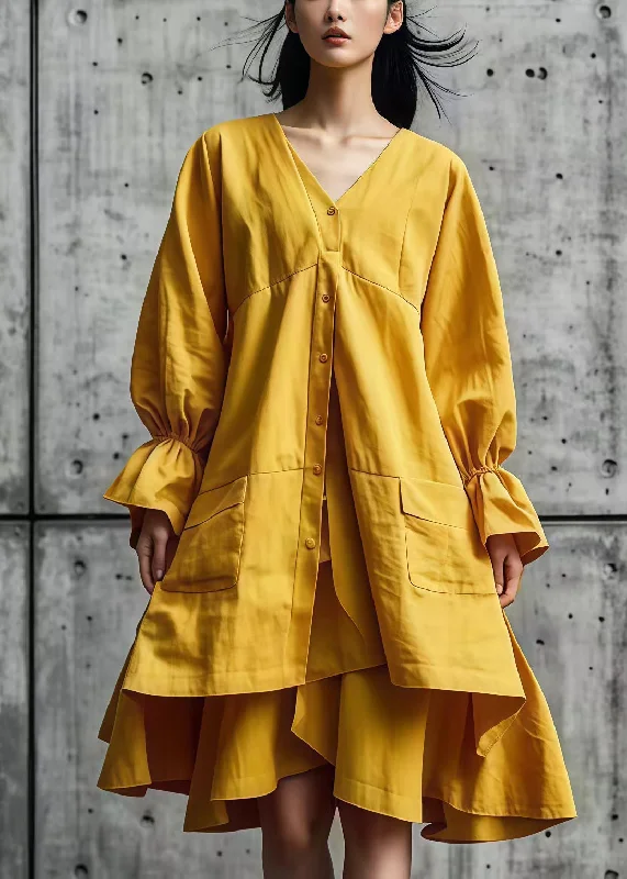 trendy mini dressWomen Yellow Asymmetrical Design Cotton Shirt Dresses Fall