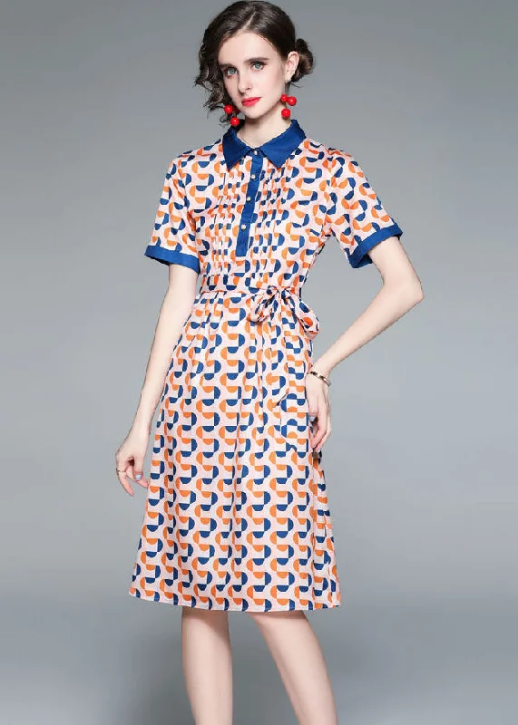 silk dressItalian Colorblock Peter Pan Collar Patchwork Print Tie Waist Silk Cinch Dress Short Sleeve