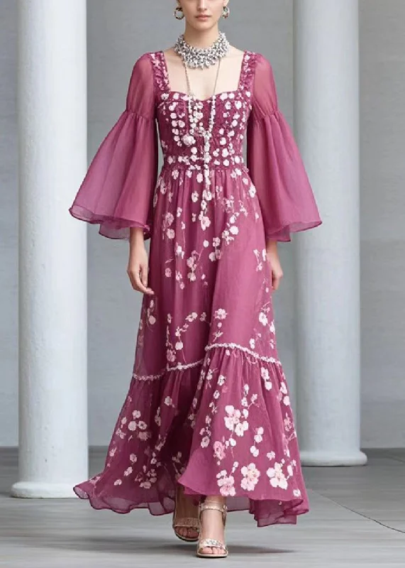 Deal of the Day wool dressCasual Rose Square Collar Print Chiffon Dress Flare Sleeve