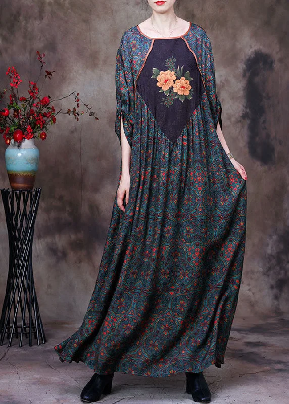 Final Clearance lace-up dressPlus Size Green O-Neck Patchwork Print Exra Large Hem Silk Maxi Dresses Long Sleeve Final Clearance lace-up dressPlus Size Green O-Neck Patchwork Print Exra Large Hem Silk Maxi Dresses Long Sleeve