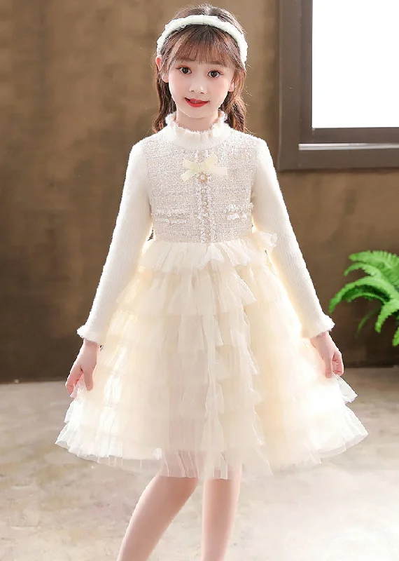 floral dressChampagne Button Knit Patchwork Tulle Girls Mid Dresses Fall