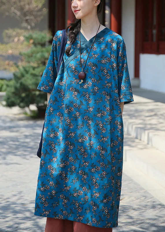 boho dressBlue Pockets Patchwork Cotton Dress V Neck Summer