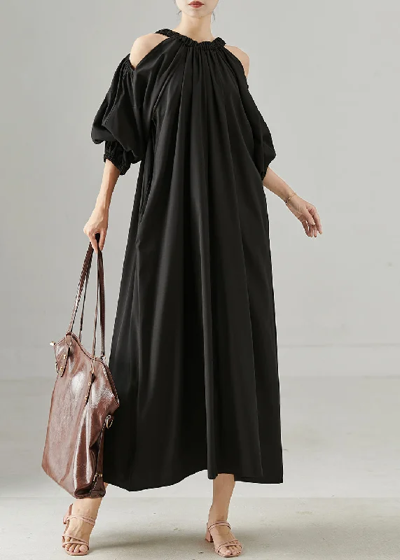 backless dressElegant Black Cold Shoulder Oversized Cotton Dresses Spring