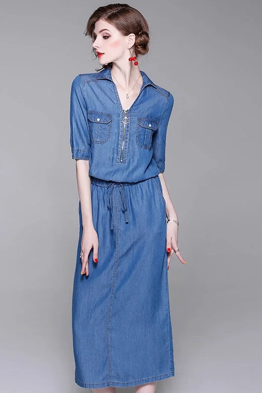 off-shoulder dressDenim Midi Dress W/ Belt