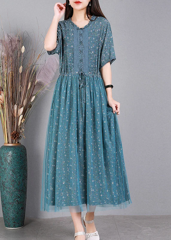 Price Fest casual shift dressStyle Blue Embroideried Floral Ruffles Tulle Long Dresses Short Sleeve