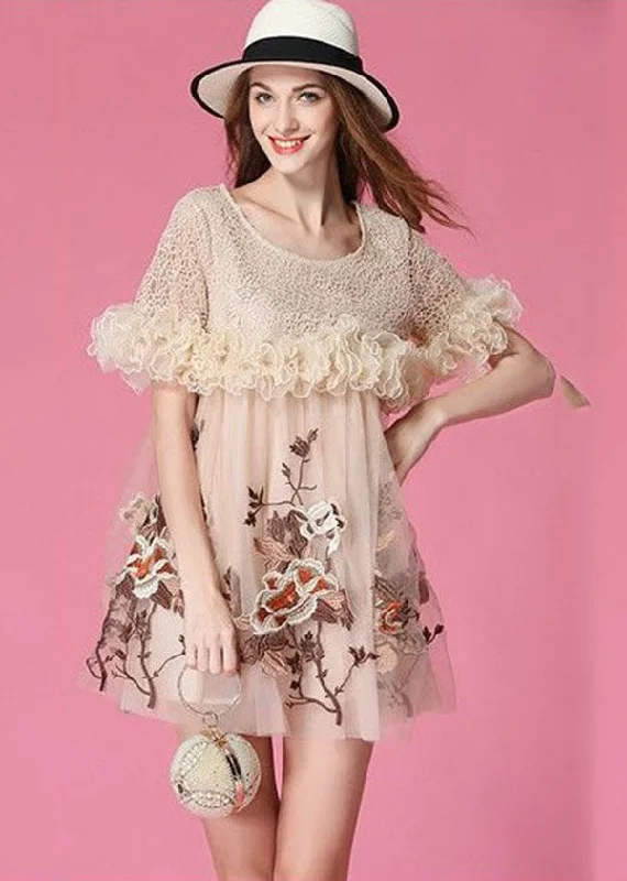 spaghetti strap dressArt Beige Embroideried Ruffled Patchwork Organza Mini Dresses Short Sleeve