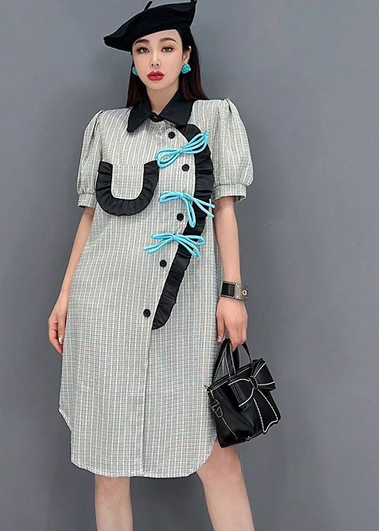 cocktail dressHandmade Grey Asymmetrical Design Ruffled Patchwork Plaid Robe Dresses Short Sleeve