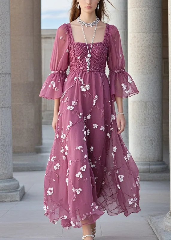 Lowest Price form-fitting dressBeautiful Purple Square Collar Print Chiffon Holiday Dress Summer
