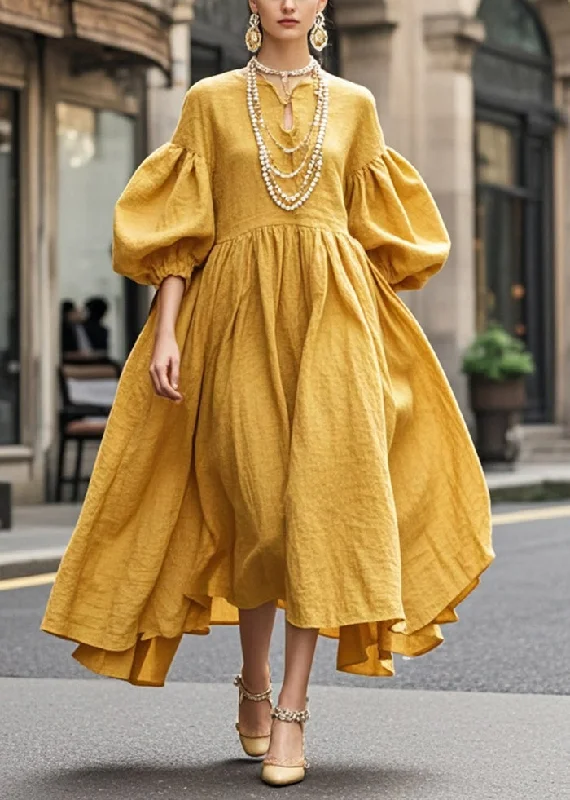 casual day dressBoho Yellow Exra Large Hem Cotton Maxi Dresses Lantern Sleeve