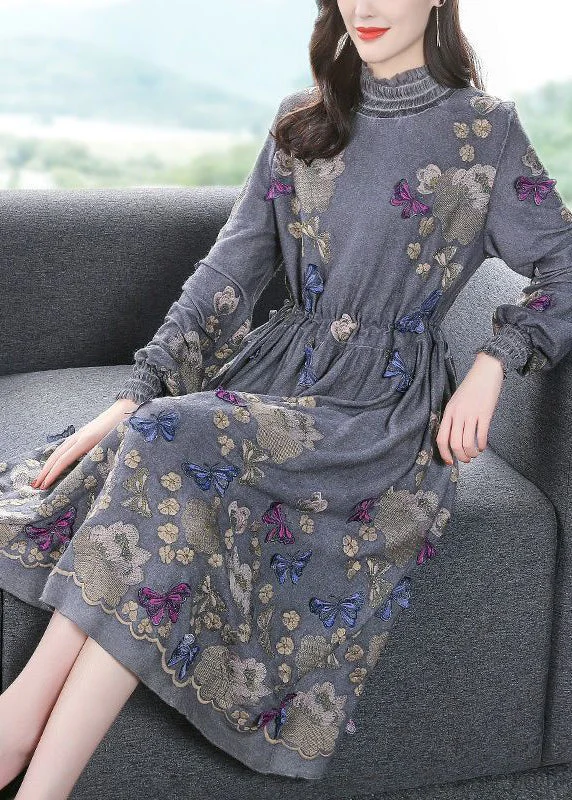 Price Cut sophisticated dressFine Grey High Neck Embroideried Butterfly Wool Cinched Dress Spring
