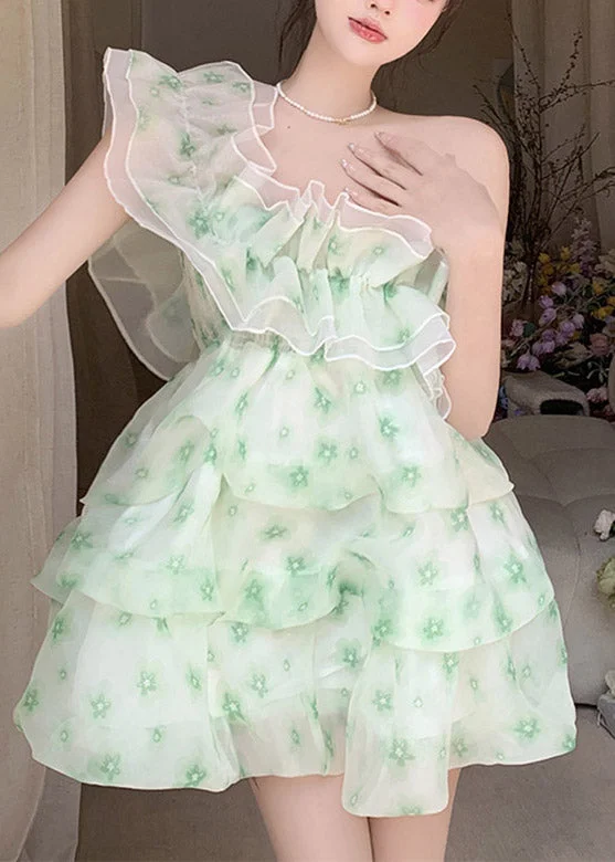 form-fitting dressDIY Green Slash Neck Print Tulle Mid Dress Summer