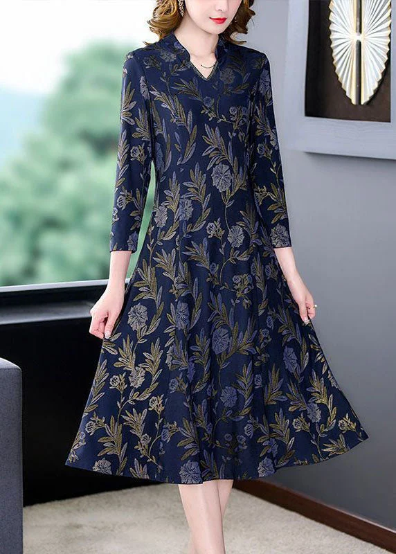 Best Deals stylish dressFashion Navy V Neck Print Slim Fit Long Dresses Bracelet Sleeve Best Deals stylish dressFashion Navy V Neck Print Slim Fit Long Dresses Bracelet Sleeve
