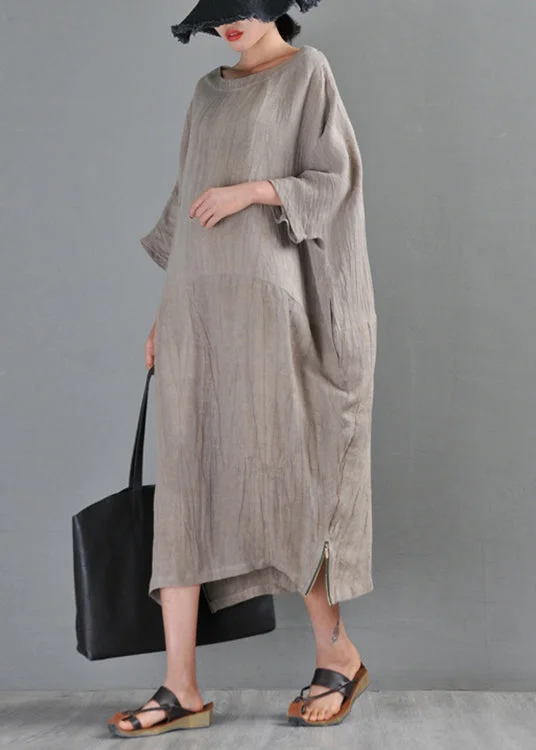 Bargain Blast cocktail dressUnique Linen Colour O-Neck Zip Up Side Open Linen Long Dresses Half Sleeve