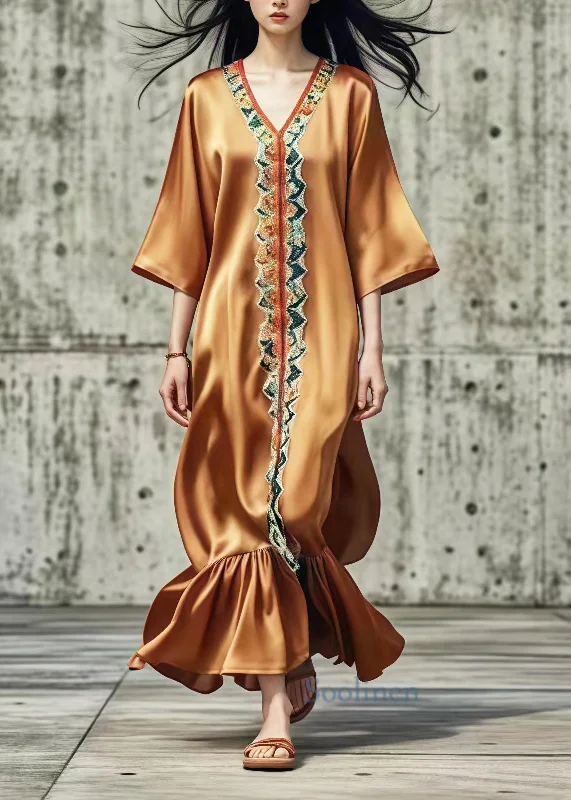 Extra Savings mini dressChic Brown V Neck Print Silk Ankle Dress Summer