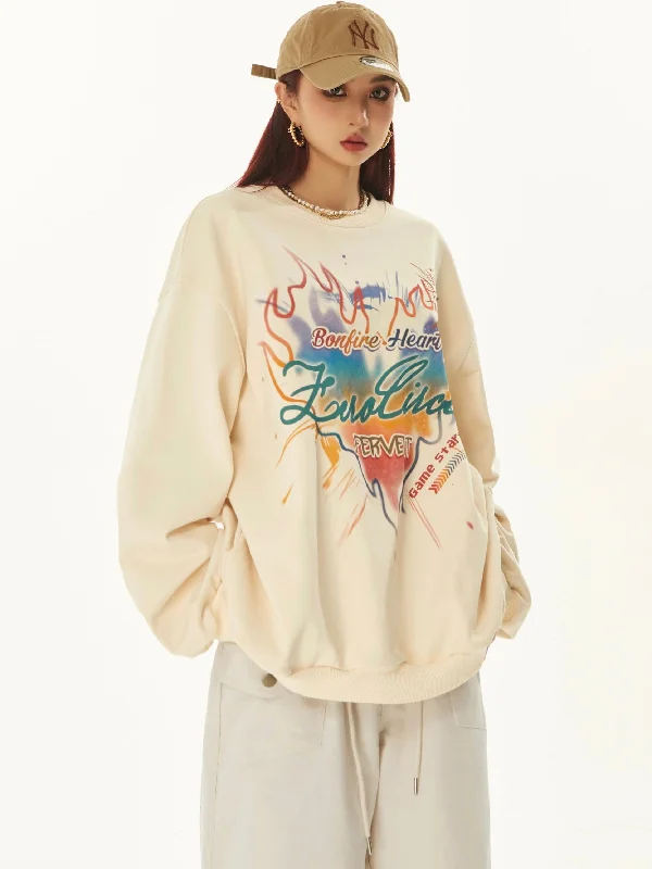 Don't Wait ZeroCircle Graphic Letter Print Flaming Heart Apricot Long Sleeve Sweatshirt