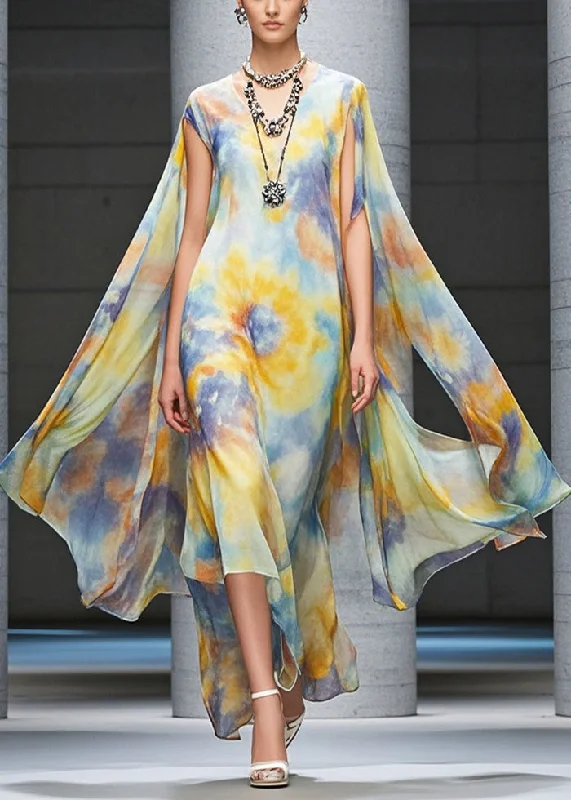 YEAR-End Clearance casual summer dressCasual Yellow Asymmetrical Tie Dye Chiffon Beach Dress Summer