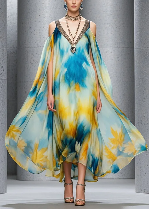 Price Reduction casual midi dressBeautiful Cold Shoulder Tie Dye Chiffon Beach Dress Summer