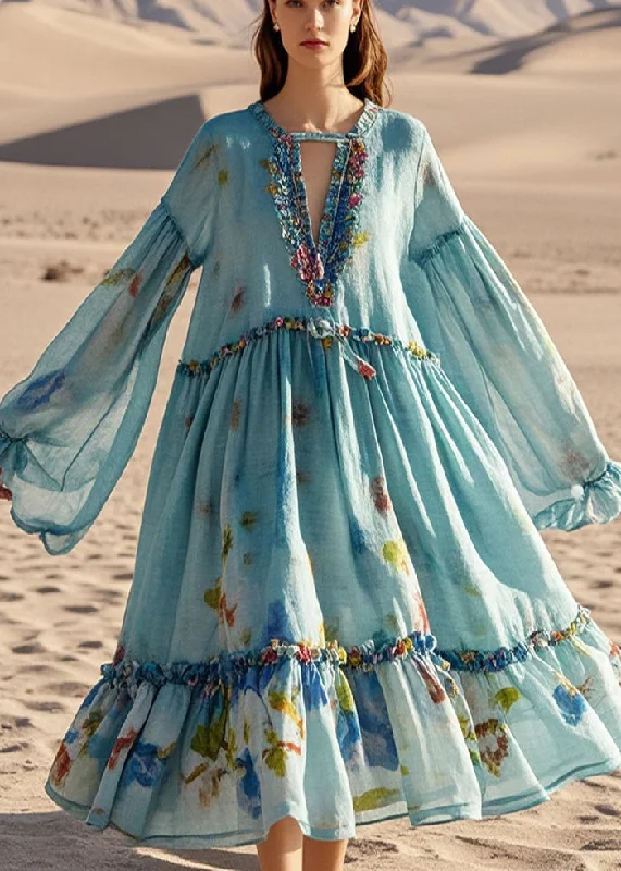 flowy dressBoho Blue Oversized Print Cotton Beach Dress Spring