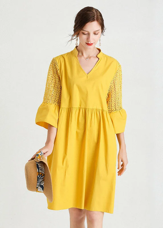 comfy dressDiy Yellow V Neck Hollow Out Lace Patchwork Cotton Dresses Summer