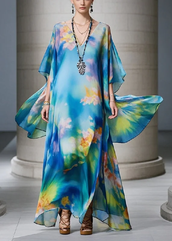 Reduced Prices lace dressElegant Blue Oversized Print Chiffon Beach Dress Summer