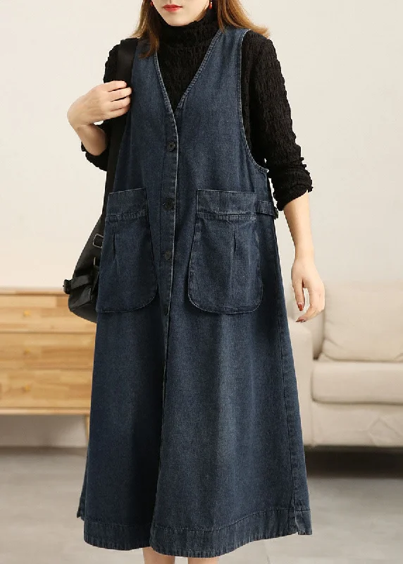 Stock Clearance form-fitting dressBeautiful Denim Blue V Neck Patchwork Pockets Cotton A Line Dress Sleeveless Stock Clearance form-fitting dressBeautiful Denim Blue V Neck Patchwork Pockets Cotton A Line Dress Sleeveless