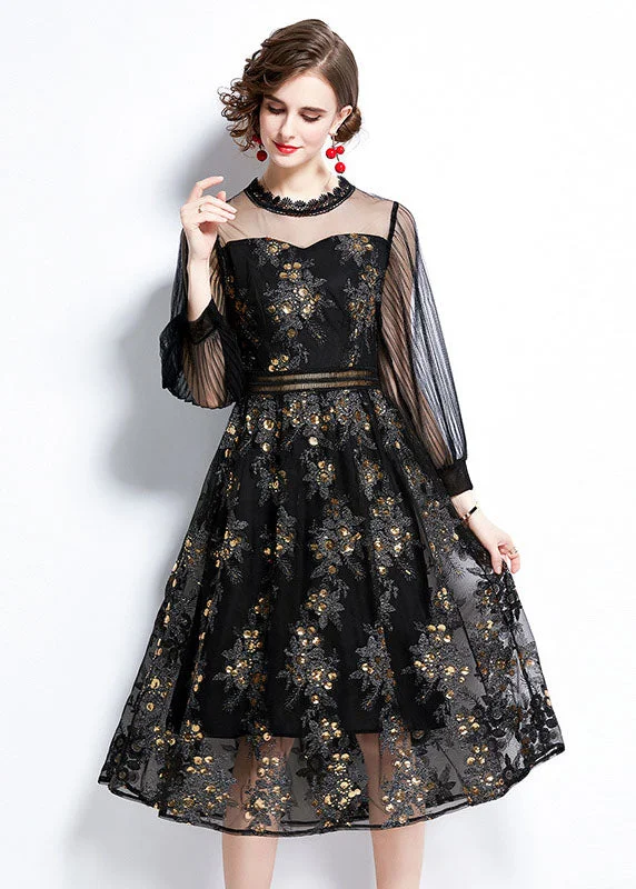 Now or Never casual shift dressWomen Black Embroideried Sequins Patchwork Hollow Out Tulle Dress Fall Now or Never casual shift dressWomen Black Embroideried Sequins Patchwork Hollow Out Tulle Dress Fall