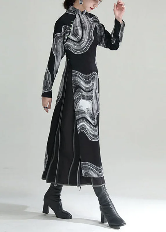 Year-End Clearance oversized dressVintage Black Stand Collar Print Side Open Cheongsam Dresses Fall Year-End Clearance oversized dressVintage Black Stand Collar Print Side Open Cheongsam Dresses Fall