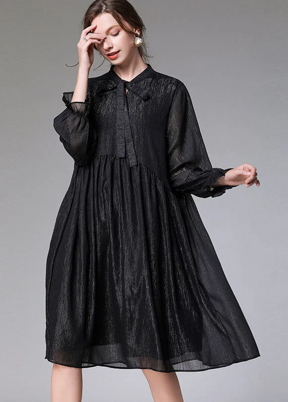 elegant evening dressWomen Black O-Neck Patchwork Wrinkled Chiffon Mid Dresses Long Sleeve