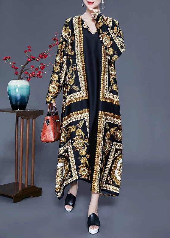 New Deals A-line dressBeautiful Black V Neck Oversized Print Silk Ankle Dress Spring New Deals A-line dressBeautiful Black V Neck Oversized Print Silk Ankle Dress Spring