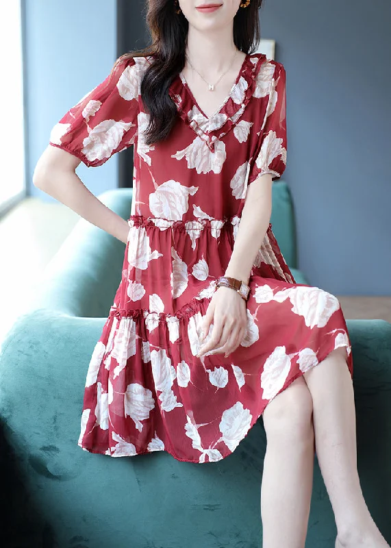 Exclusive Savings textured dressVogue Red V Neck Print Ruffled Wrinkled Chiffon Mid Dresses Short Sleeve
