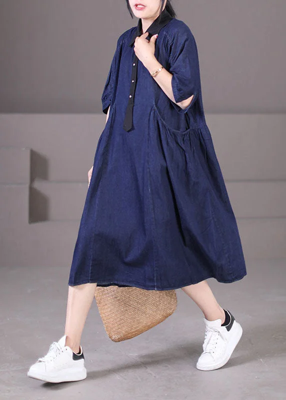 Daily Deals one-shoulder dressCasual Blue Peter Pan Collar Patchwork Wrinkled Cotton Vacation Denim Dresses Short Sleeve