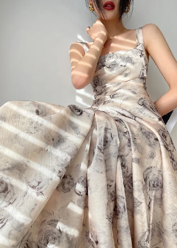 Bargain Prices bohemian dressBeautiful Square Collar Zippered Print Chiffon Maxi Dresses Sleeveless