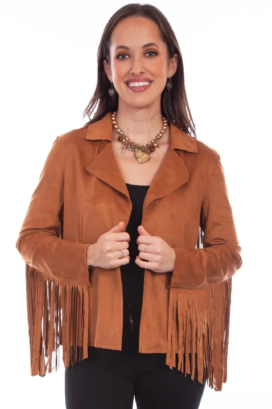 insulated jacketScully Womens Trendy Fringe Brown Polyester Blend Faux Leather Jacket