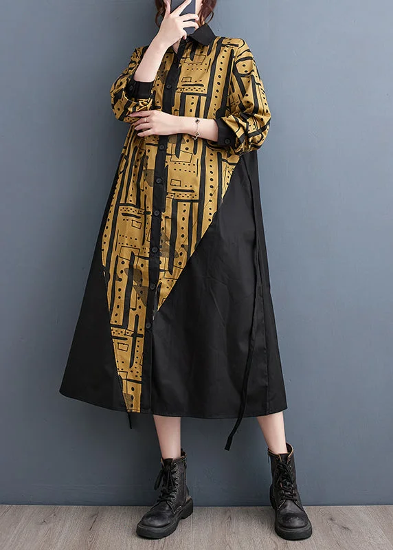 Discount Deals flowy evening dressYellow Patchwork Cotton Long Dresses Asymmetrical Fall