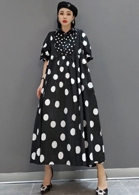 Discount Days sophisticated dressDiy Black Peter Pan Collar Patchwork Dot Print Exra Large Hem Cotton Long Dress Short Sleeve